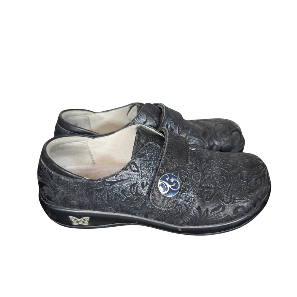 Alegria Leather Clogs Womens EU 39 US 9 Black Floral Embossed Comfort Shoes